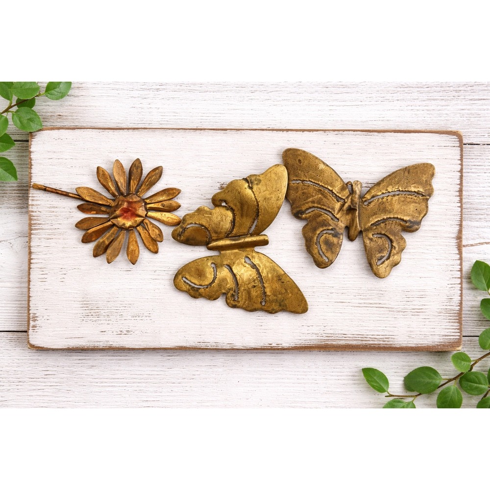 Vintage Brass Butterfly and Daisy Flower Metal Wall Art Hanging MCM cottage